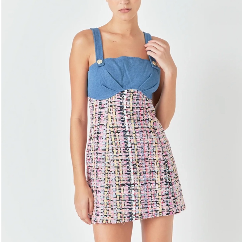 Endless Rose Tweed Square Neck Empire Waist Pink Multi Denim Dress NEW large